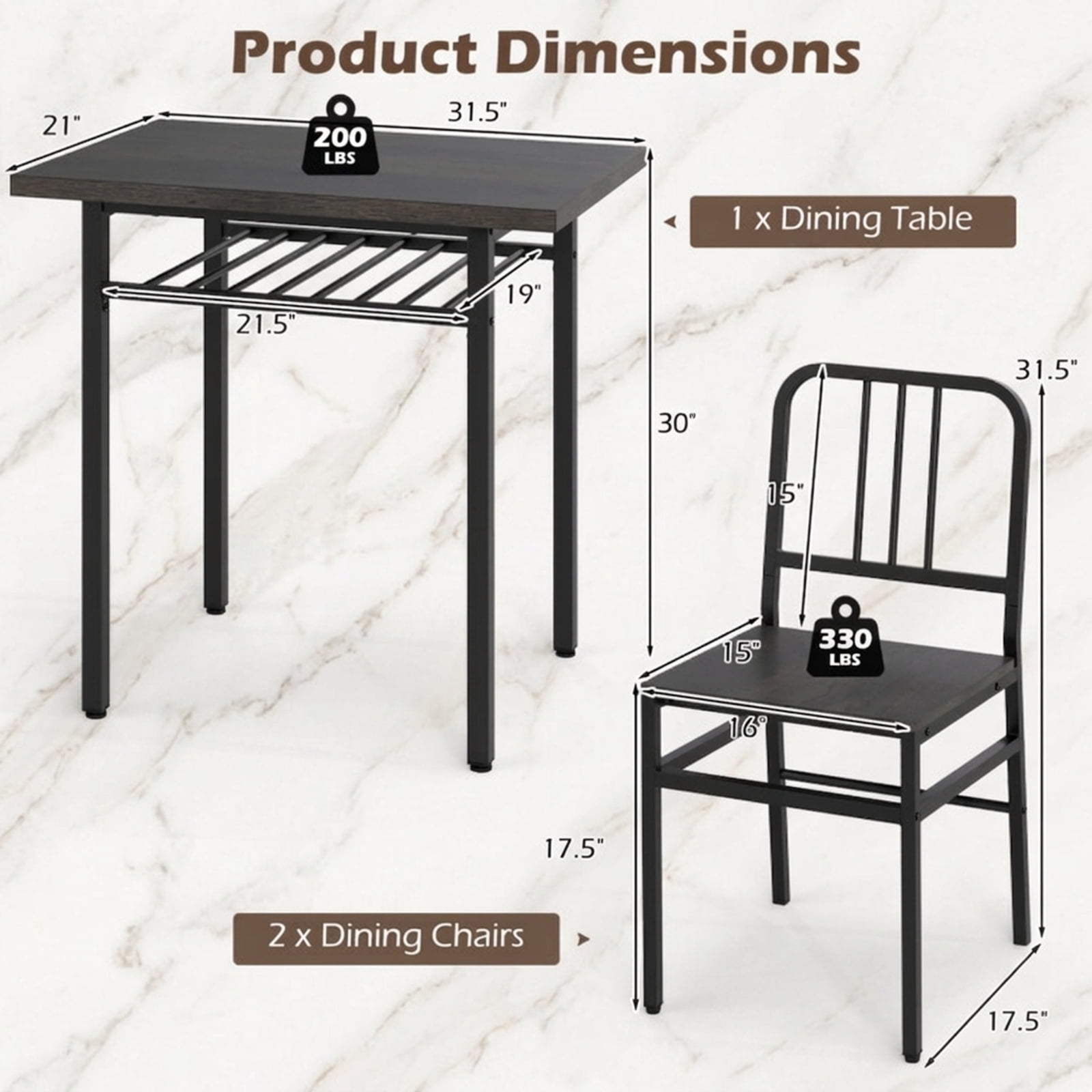 Furnibear 3-Piece Dining Table Set with Rectangular Kitchen Table and 2 Chairs for Kitchen Dining Room Breakfast Nook Home, Gray