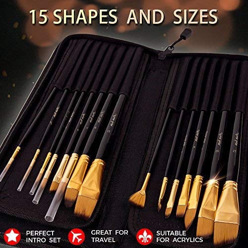 Mont Marte Art Paint Brushes Set, Great for Watercolor, Acrylic, Oil-15 Different Sizes Nice Gift for Artists, Adults & Kids, Black