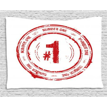 Number Tapestry, Number One Old Fashioned Grunge Stamp at Top Best Leader Emblem Design, Wall Hanging for Bedroom Living Room Dorm Decor, 60W X 40L Inches, Vermilion and White, by