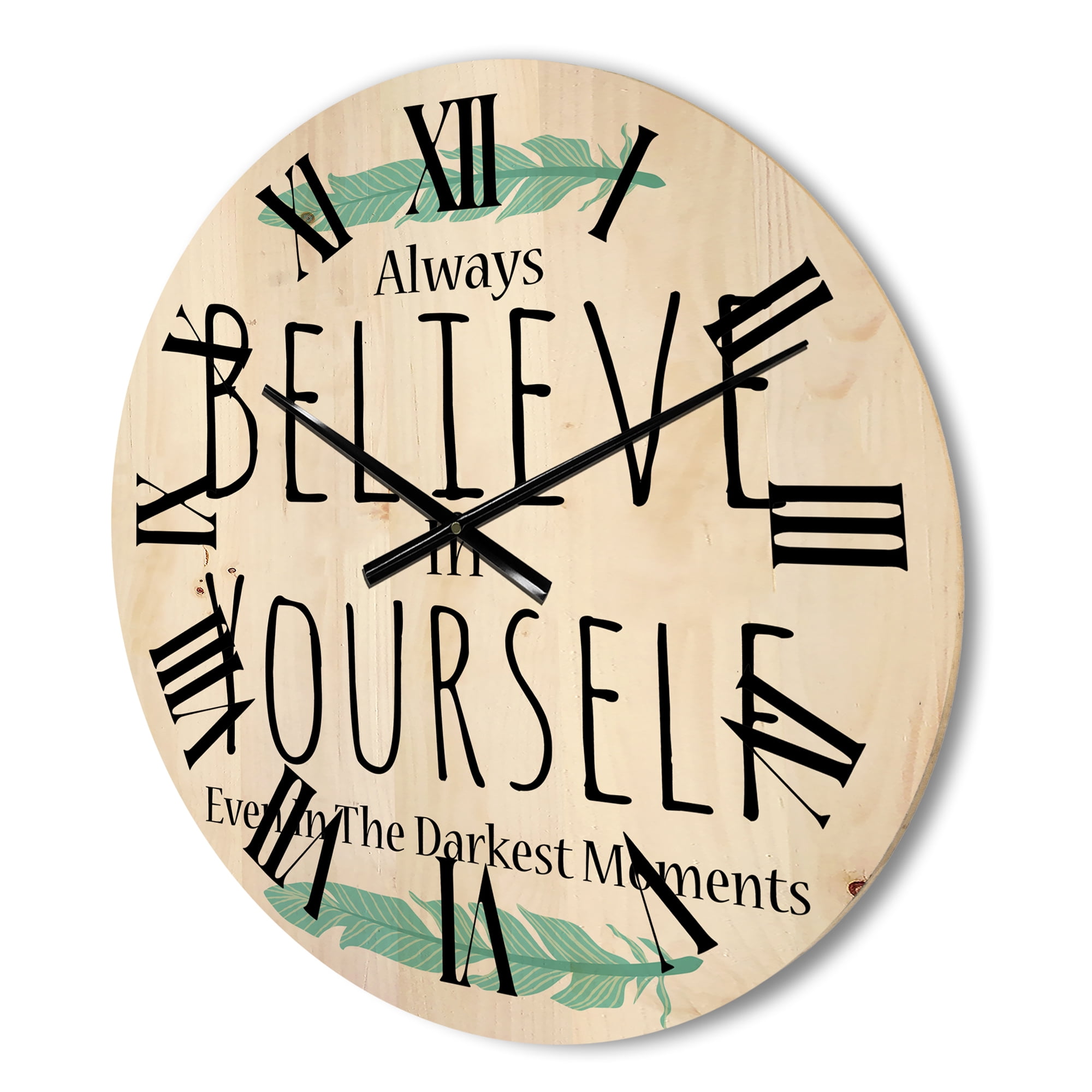 Designart 'Believe In Yourself Quote On White' Traditional Wood Wall Clock