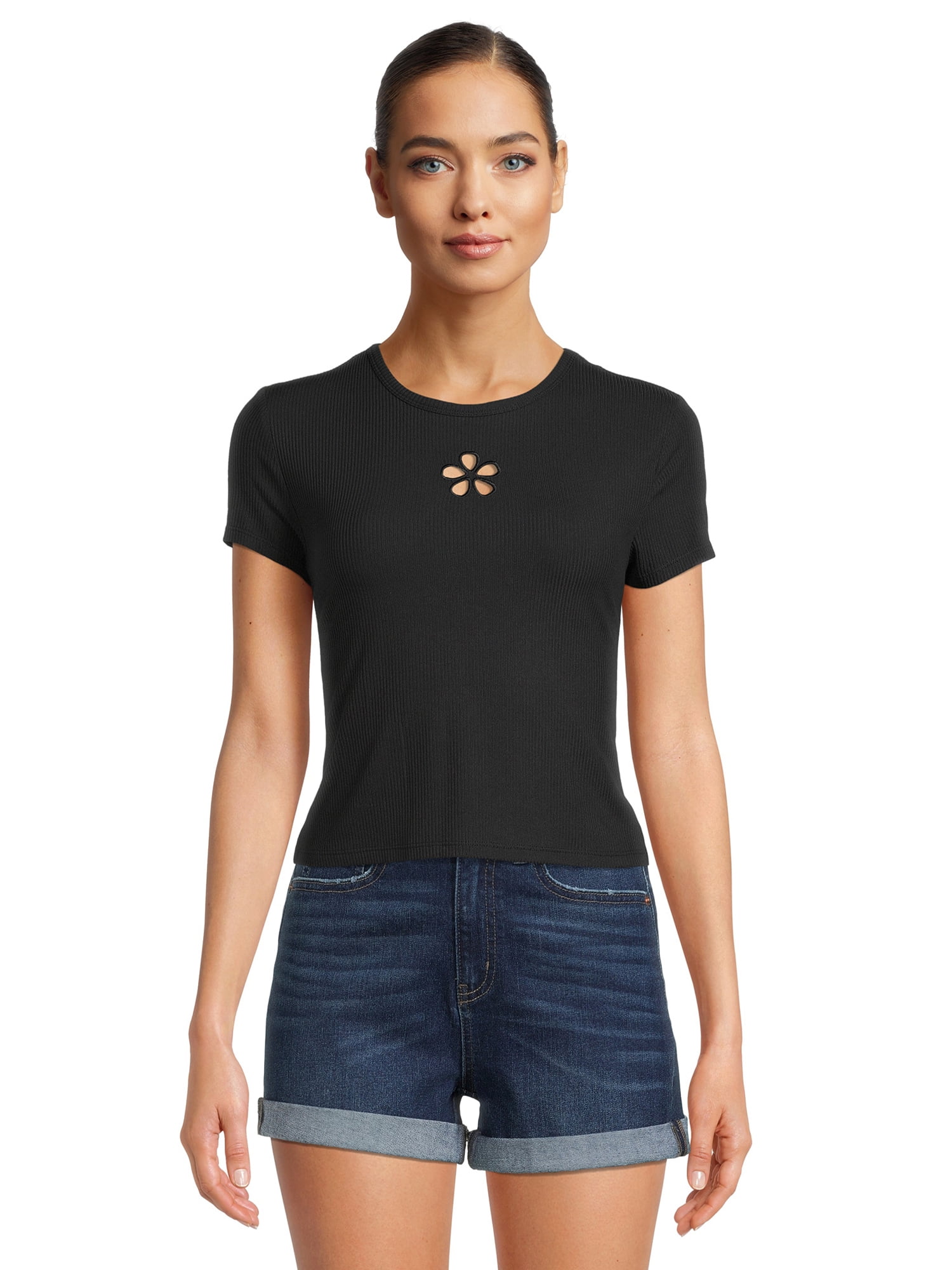 No Boundaries Juniors’ Cutout Tee with Short Sleeves