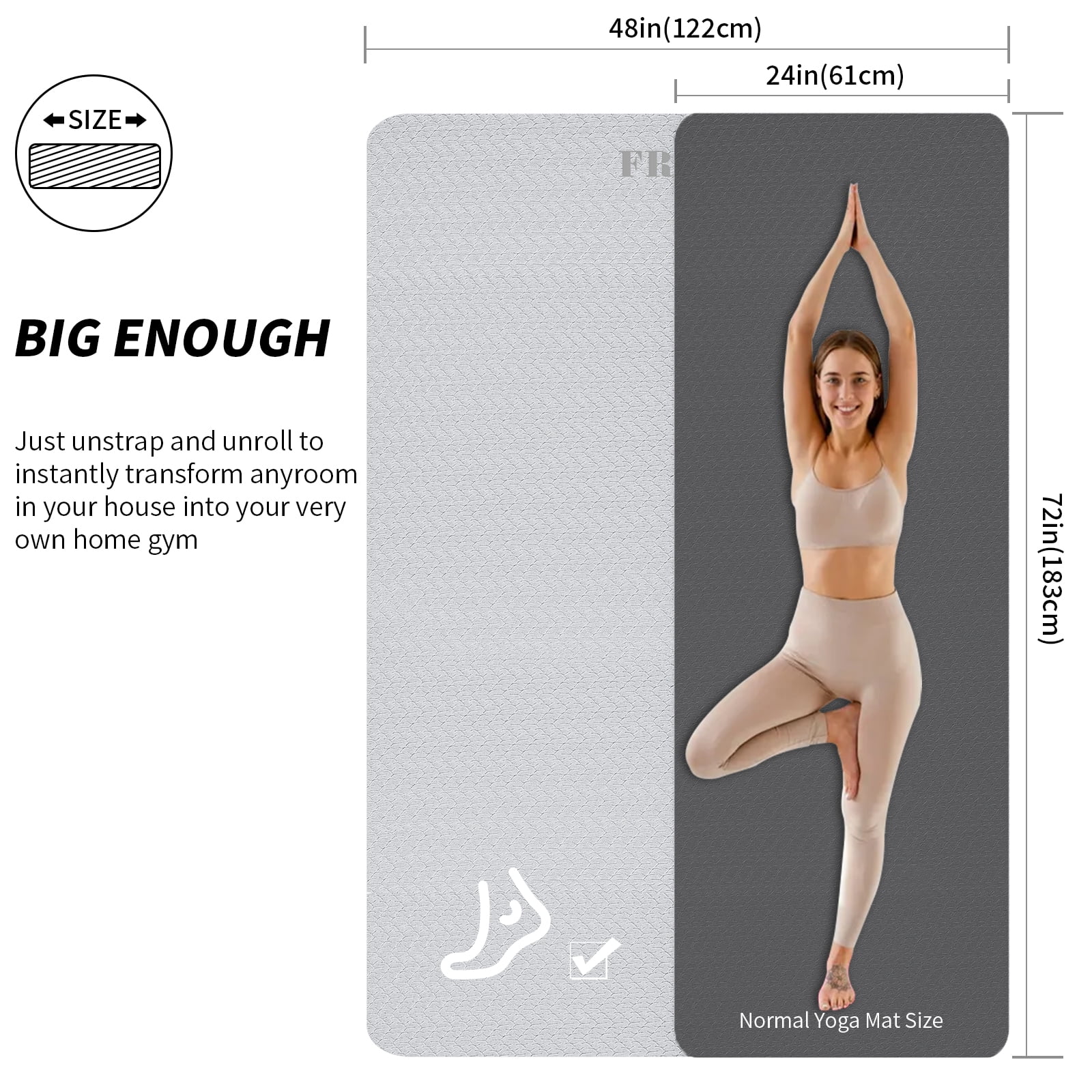 Frach Large Yoga Mat Extra Wide 4 ft,0.3" Thick with Strap, Non-Slip High Rebound for Home and Outdoor,Gym and Travel(Gray+Black)