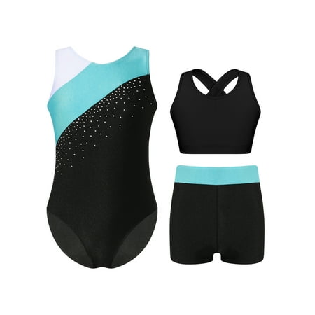 TTAO Kids Girls Shiny Rhinestone Color Block Sleeveless Gymnastics Leotard Biketard Unitard Crop Tops And Shorts Set Blue Green 6