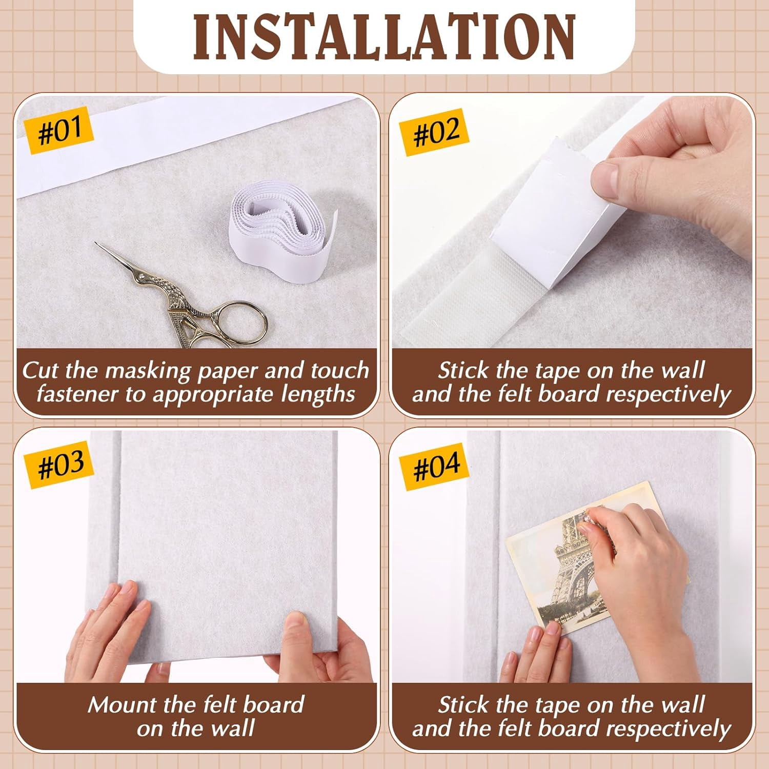 Large Beige Felt Bulletin Board 36 x 24 Alternative-9" x 12" 8 Pcs Felt Board Tiles for Wall Adhesive Bulletin Cork Board with Textured Paper, Sticker, Clear Round Pins for School Office