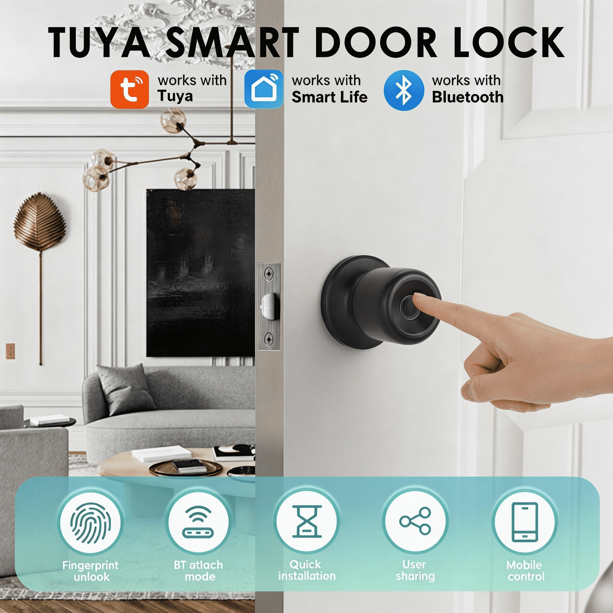 Fingerprint Door Lock, Smart Fingerprint Door Knob with Lock, Biometric Door knob with App Control & Key, Keyless Thumbprint Entry Door Lock for Bedroom, Front Door, Home, Apartment Office