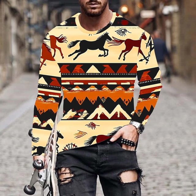 Blusas y camisas de manga larga con cuello redondo para hombre, blusa informal de moda con estampado de cuello redondo y manga larga, blusa estampada para hombre, blusa de poliéster