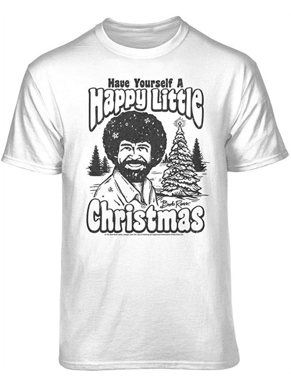 Bob Ross Happy Little Christmas Scene Graphic T-Shirt (Large - Standard Fit, White B&W)
