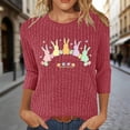 thumbnail image 2 of LangJing Happy Easter Day 3/4 Length Sleeve Womens Tops Summer Cute Bunny Rabbit Graphic Blouses Ribbed Knit Dressy Casual Tunic Shirts Wine XXL, 2 of 7