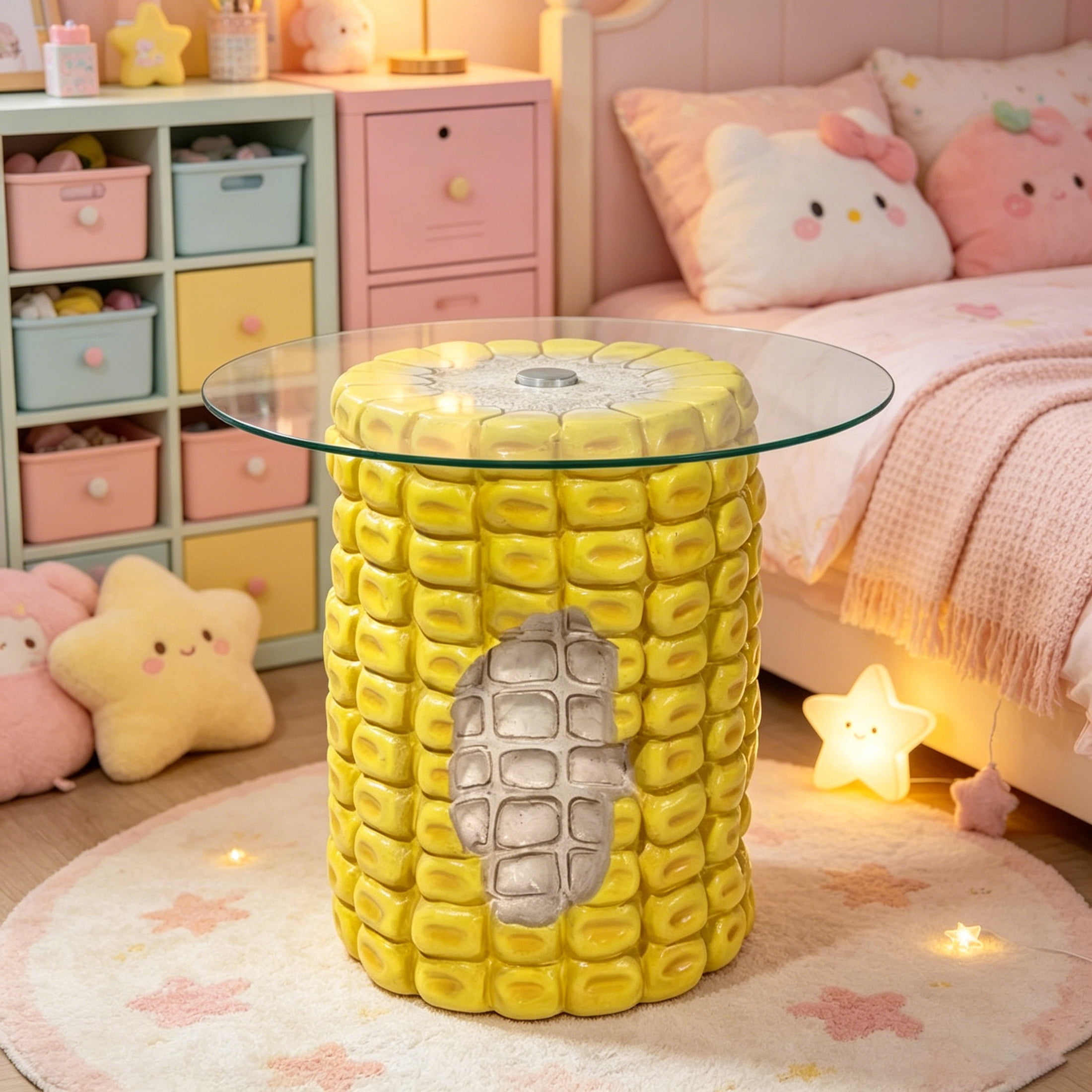 Noble House Novelty Corn Shaped Side Table with Tempered Glass Top & Weatherproof Resin Base, Home Decor, Yellow