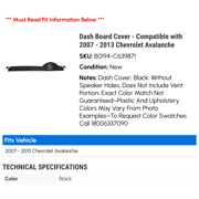 Dash Board Cover - Compatible with 2007 - 2013 Chevy Avalanche 2008 2009 2010 2011 2012