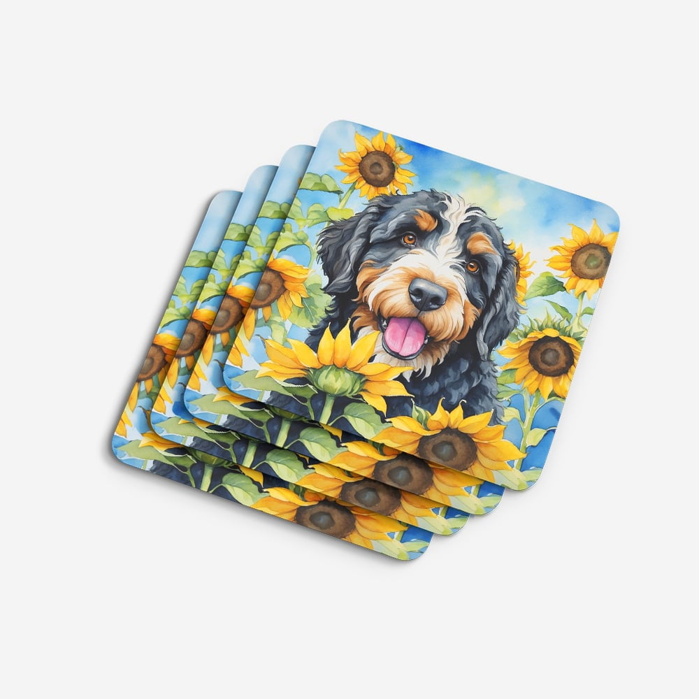 Bernedoodle in Sunflowers Foam Coasters 3.5 in x 3.5 in