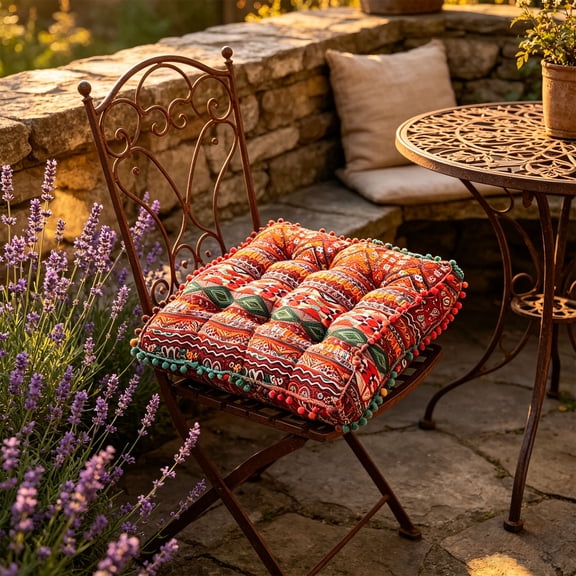 Bohemian Seat Cushion, Thick Fringed Chair Pad with Tufted Print for Dining Chair Floor and Bench, 15.7 Inch Square