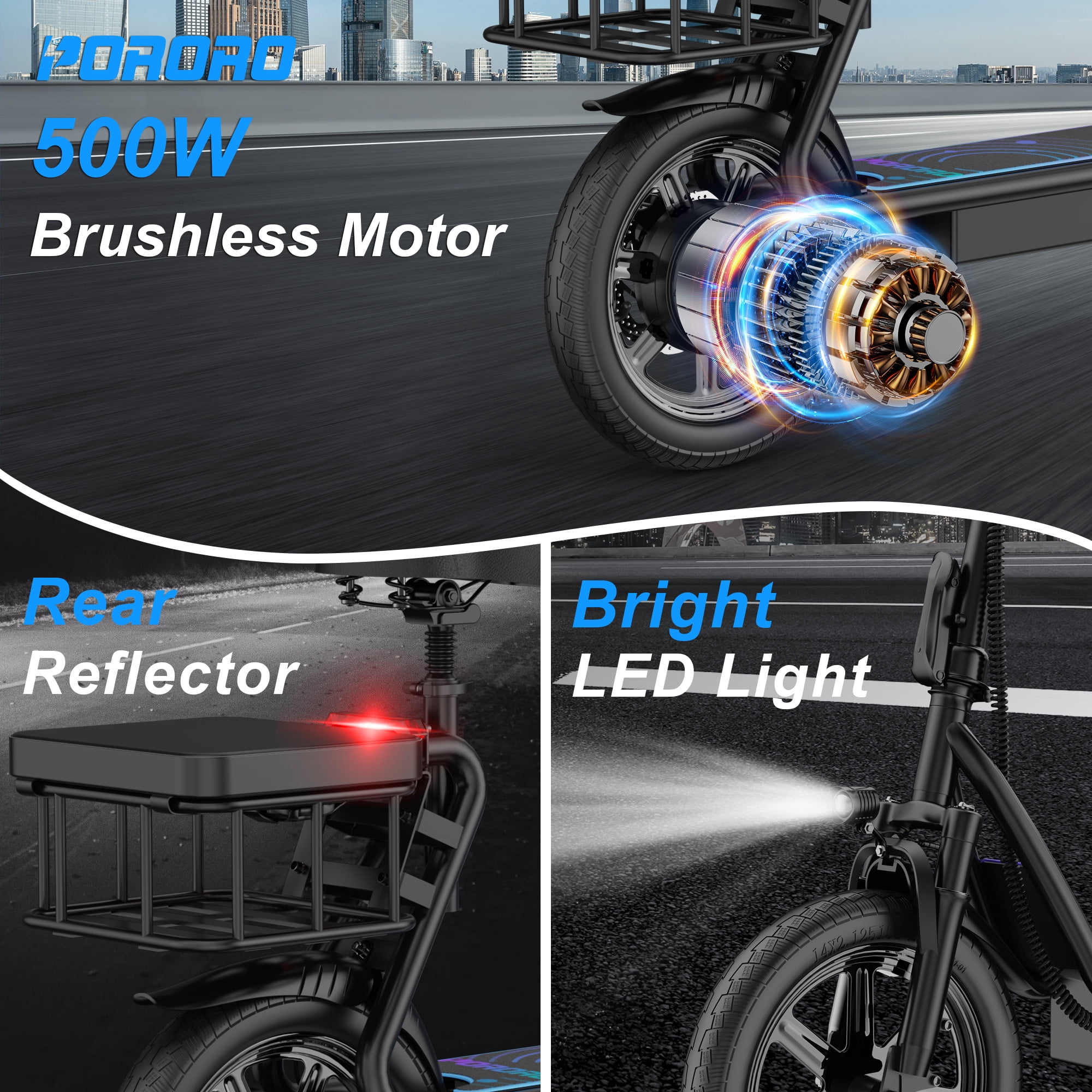 PORORO Electric Scooter with Seat, Max 25 Miles Range, with 14" Tires, 500W, 22MPH, Black