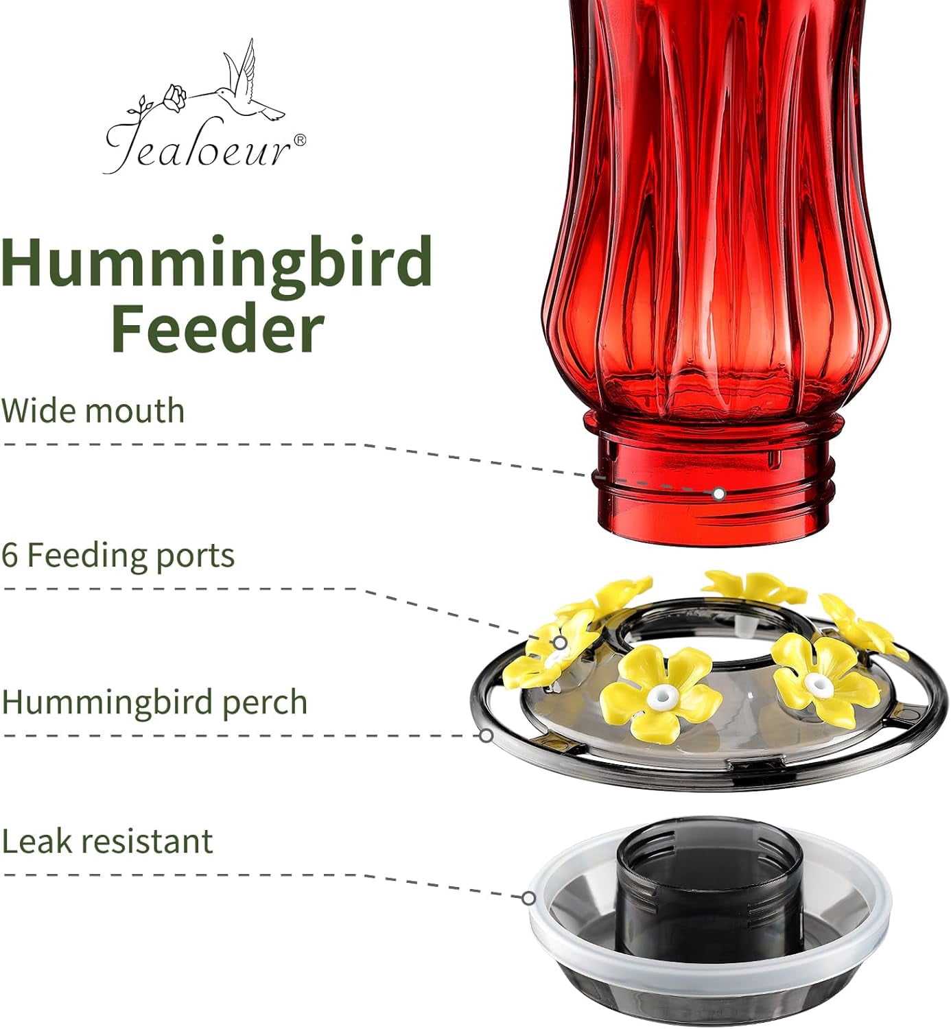 Hummingbird Feeder for Outdoors Hanging, with Bee Guard Feeding Ports & Built-in Ant Moat, Easy to Clean, Durable Outdoor Garden Decor