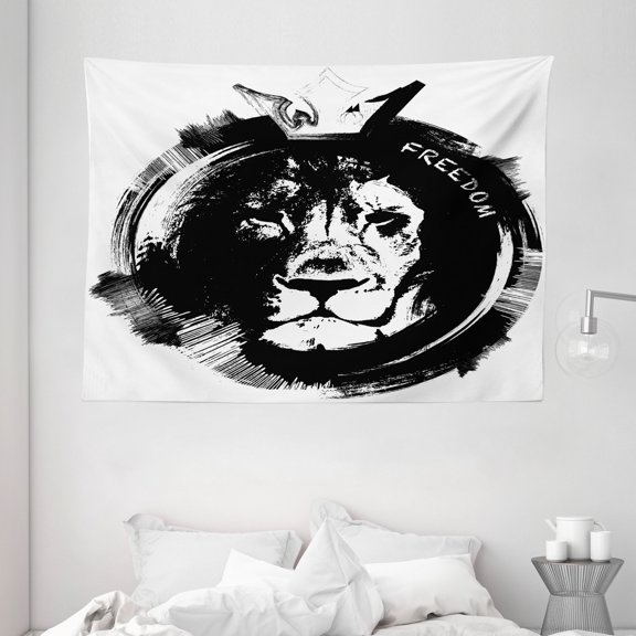 Lion Tapestry, King of the Forest Lion Head Portrait Freedom Sketchy Monochrome Wild Animal, Wall Hanging for Bedroom Living Room Dorm Decor, 80W X 60L Inches, Black and White, by Ambesonne