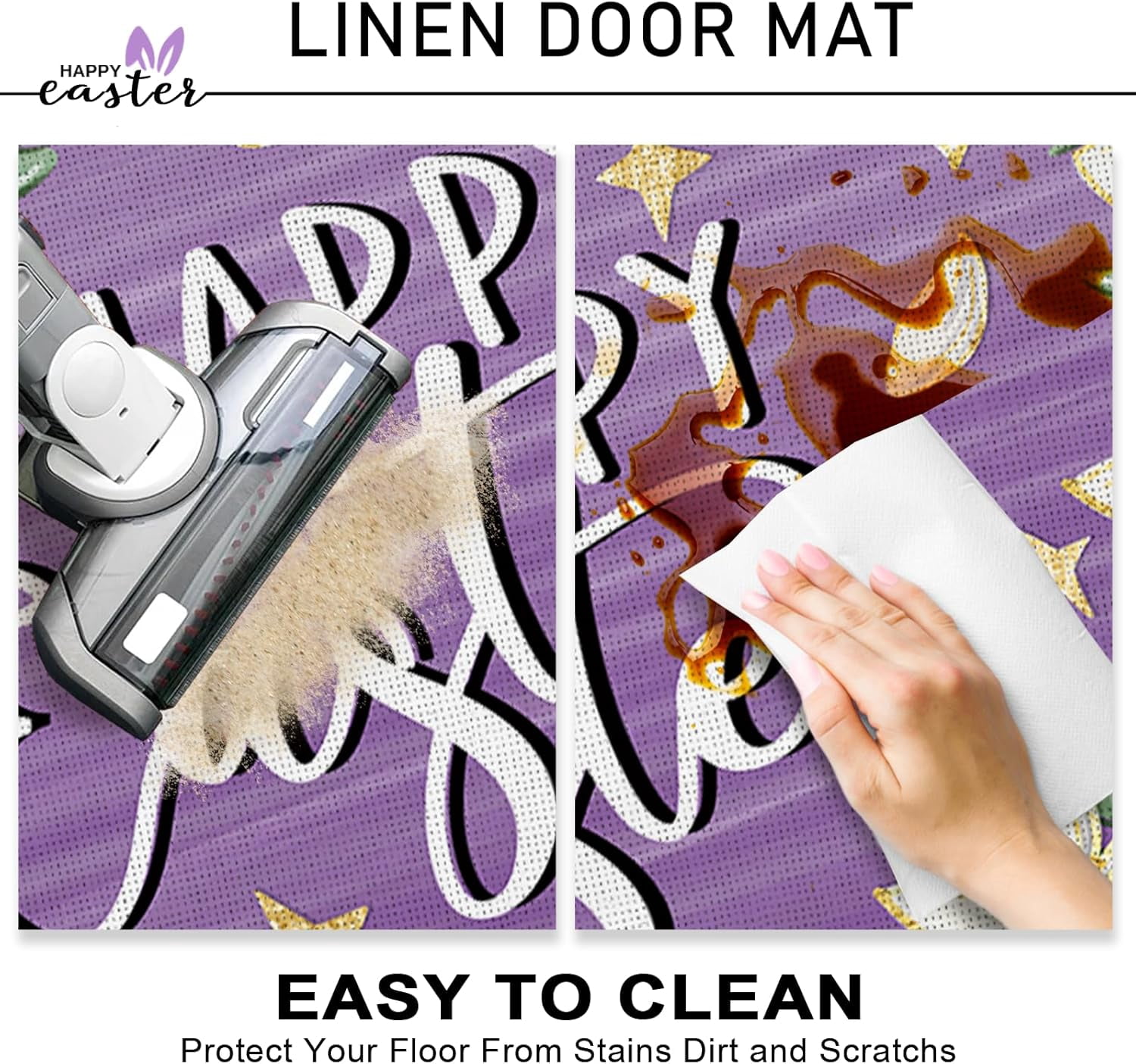 Happy Easter Lily Flowers Decorative Front Door Mat, Purple Floral Doormat Indoor Outdoor Non-Slip Floor Entryway Rug, Spring Home Kitchen Decoration 17x30 Inch