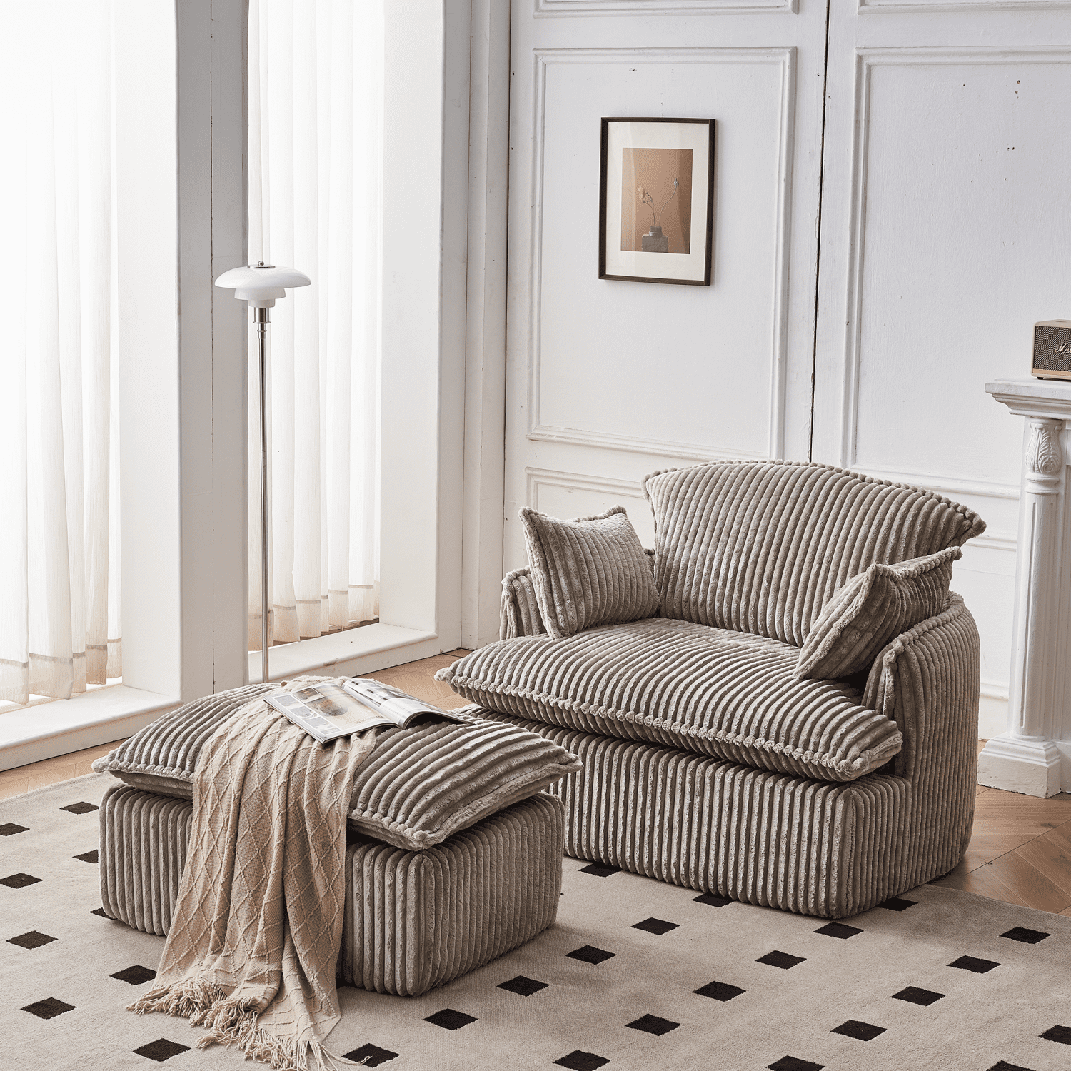 Gewnee Convertible Corduroy Armchair with Ottoman - Modern Compressed, Ideal for Small Spaces & Living Rooms