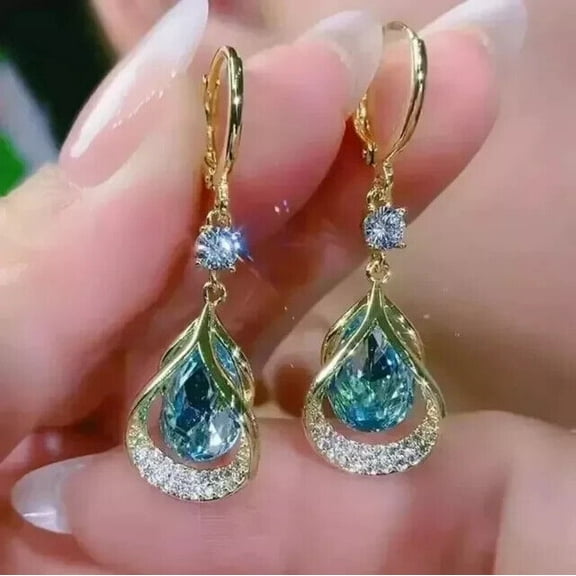 Diamond Drop & Dangle Earrings Pear Cut Lab-Created Aquamarine 14K Yellow Gold Plated 925 Sterling Silver For Women's Earring