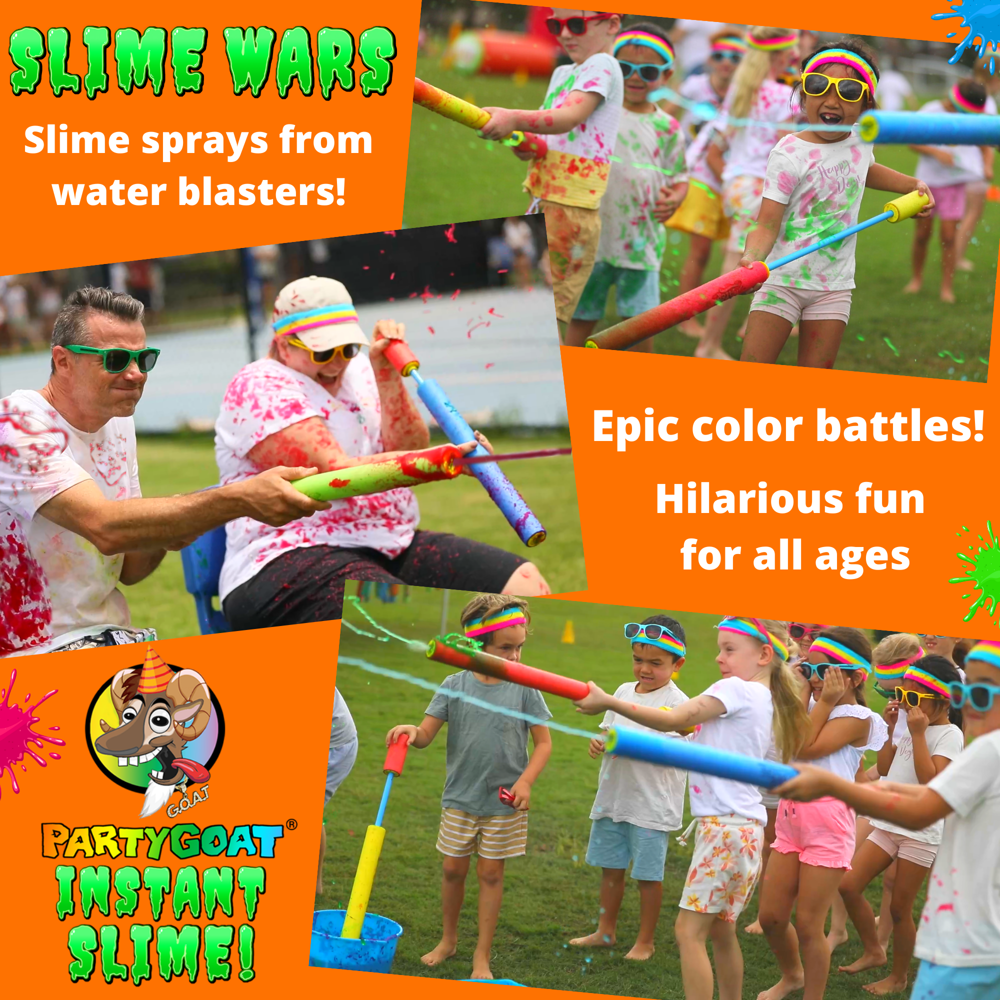 PARTY GOAT Instant Slime Powder for Slime Games & Color Runs, Bulk 4 Color Kit, 40 Gallons