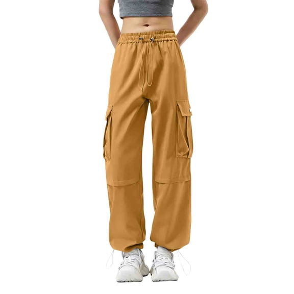 Hurxie Womens Parachute Cargo Pants Y2K Baggy Cargo Pants Wide Leg Casual Joggers with Pockets Yellow,2XL