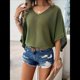 thumbnail image 4 of Camisas Holgadas de Punto Gofre con Cuello en V para Mujer, de Corta, Informales, de Verano 2025, Modernas, Lisas, Y2K. Verde L, 4 of 10