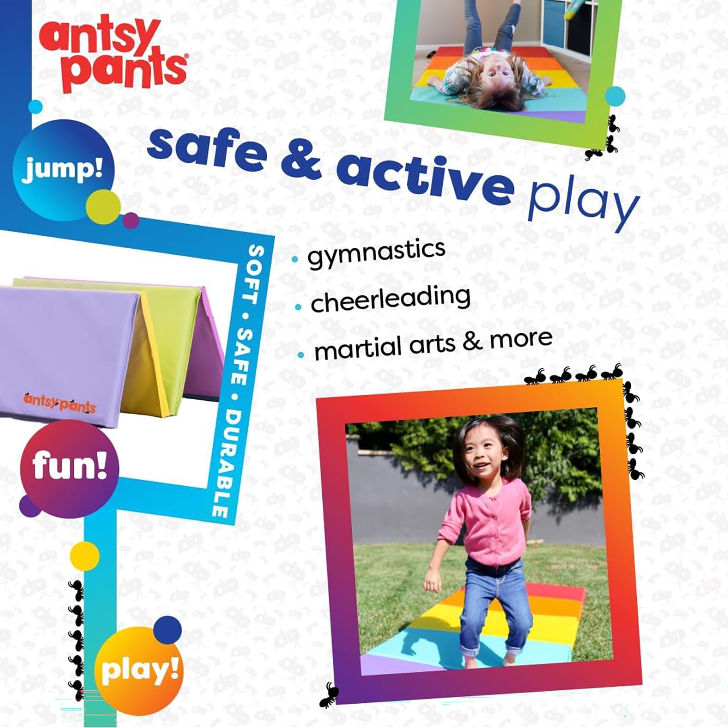 Antsy Pants Tumbling Mat – Gymnastics Mat, Easy to Clean, Sturdy, Foldable Tumbling Mat for Kids, Padded, Portable, Carrying Handle, Gymnastics Equipment for Activity Play, Pastel Colors
