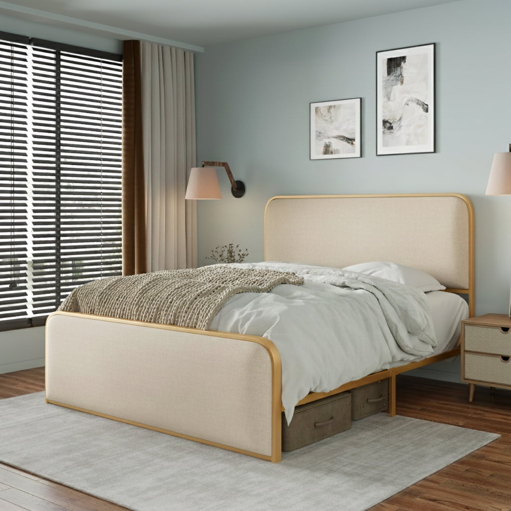 Euroco Gold Metal Bed Frame with Upholstered Headboard, Queen Size Platform Bed for Adults, Beige