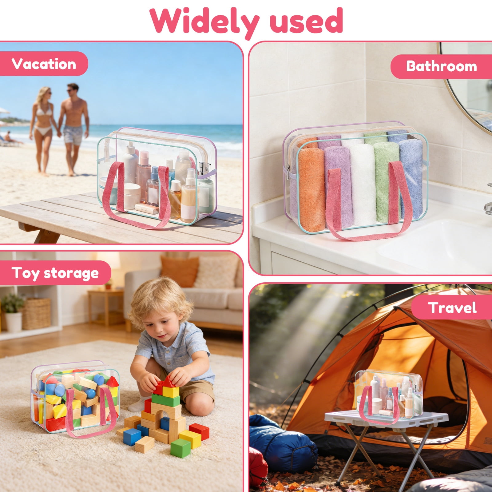 Grusce 4Pcs PVC Toy Storage Bags Waterproof Clear Toy Organizer Bag with Zip and Side Pockets for Building Blocks Puzzle 13.39x9.45x4.72 inch