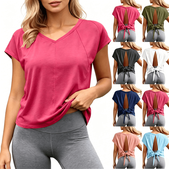 Tqcoqu Womens Open Back Workout Tops Loose Short Sleeve V-Neck Solid Casual Tops,Army Green Women's S-XXL