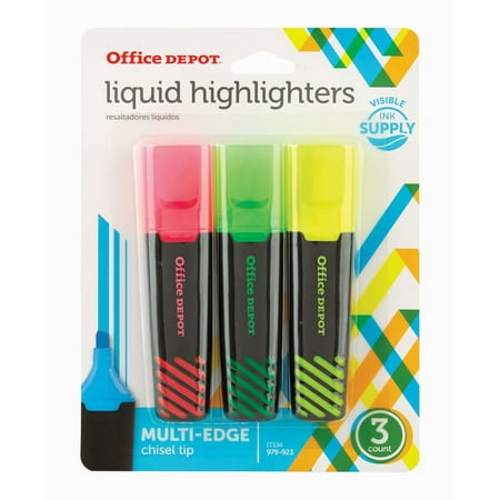 UPC: 0735854048433 | Office Depot® Brand Liquid Highlighters Chisel Point Black/Translucent Barrel Assorted Ink Colors Pack Of 3