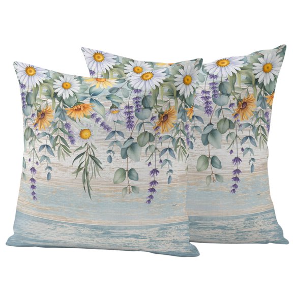 Outdoor Pillow Covers 20x20 Set of 2, Floral Eucalyptus Leaves Waterproof Patio Throw Pillow Covers for Couch Sofa Chair, Daisy Summer Botanical Wooden Decorative Pillowcases for Throw Pillows