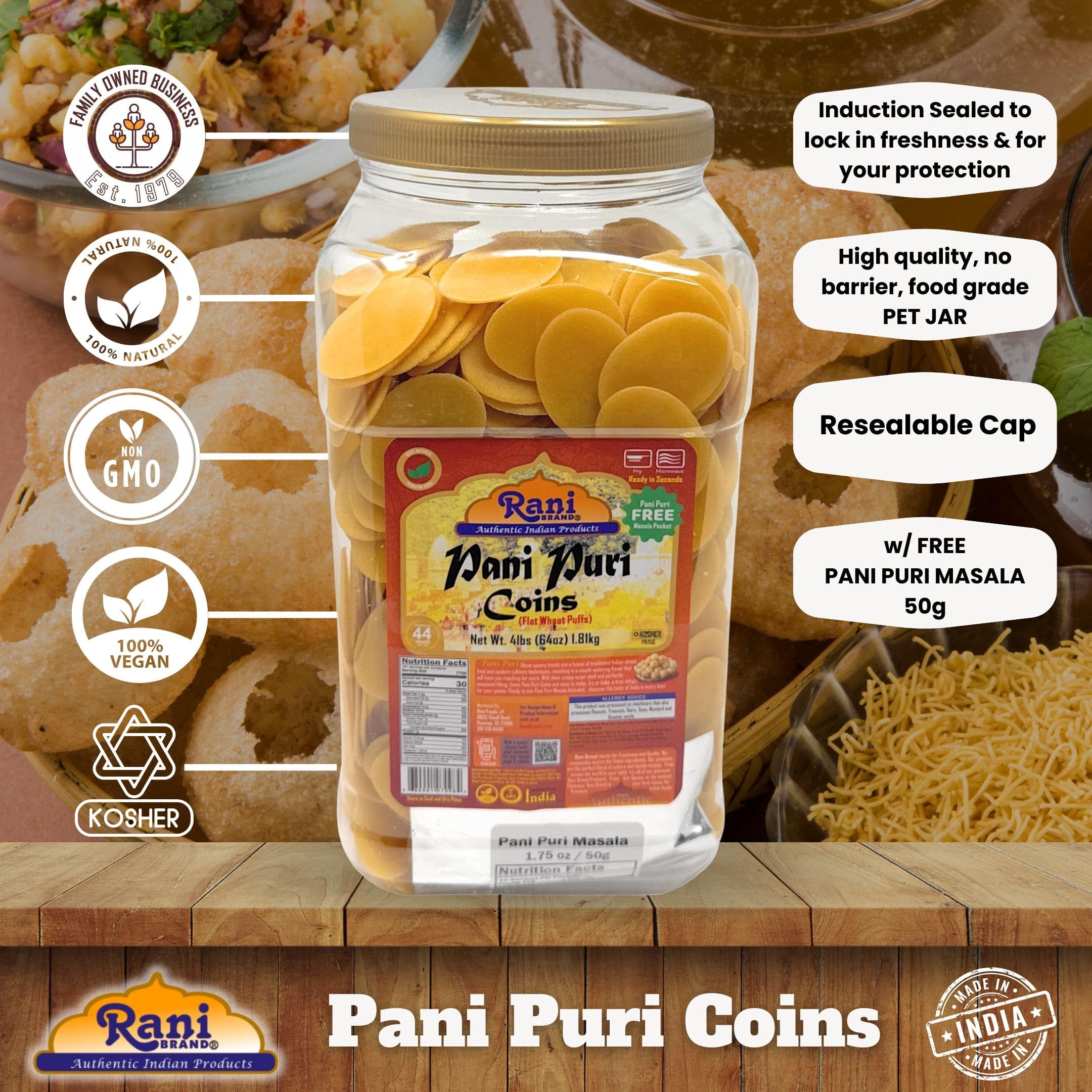 Rani Pani Puri Coins (Uncooked, Microwaveable Wheat Semolina Coins) 64oz (4lbs) w/Pani Puri Masala (14-Spice Blend for Indian Spicy Water) 1.75oz (50g) ~ All Natural | Vegan | NON-GMO | Kosher