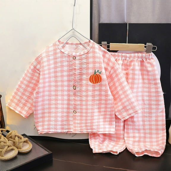 Spazoro Little & Big Girls Leisure Outfit Sets, Summer Plaid Cotton 2-Pieces Short Sleeve Shirt and Pants Sets Pink Size 4-5T