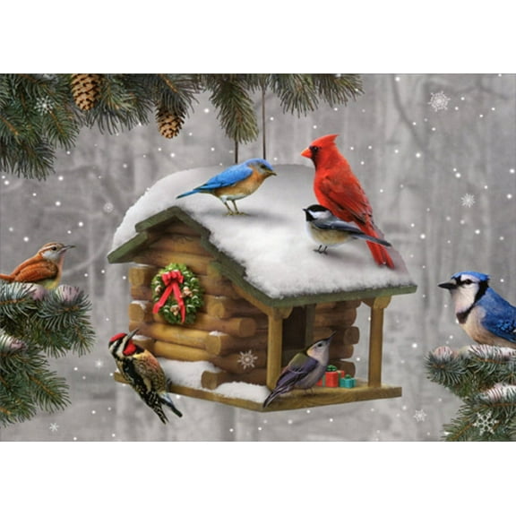LPG Greetings Cardinal, Bluejay, Chickadee on Log Cabin Birdhouse Alan Giana Christmas Card (1 card/1 envelope)