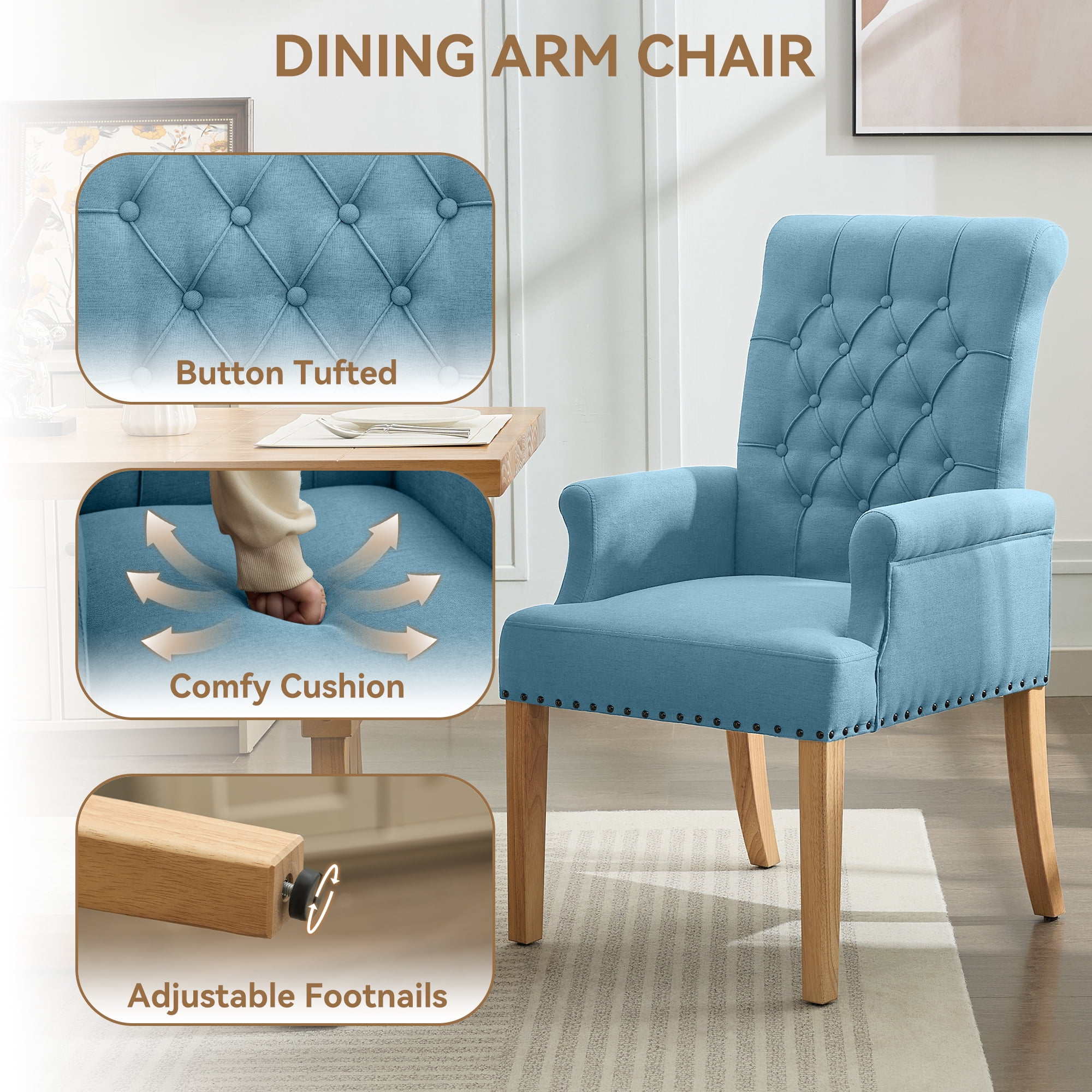 Fabric Upholstered Dining Chair with Arms, Tufted High Back Accent Coffee Armchair for Kitchen Dining Room Living Room, Blue