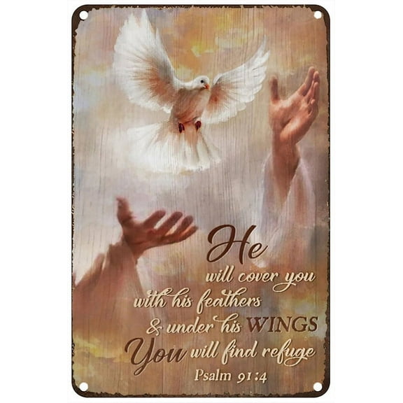 Beautiful Dove Drawing Jesus 39 S Hand He Will Cover You With His Feathers Tin Signs For Home Wall Decor Gifts 8X12 Inch
