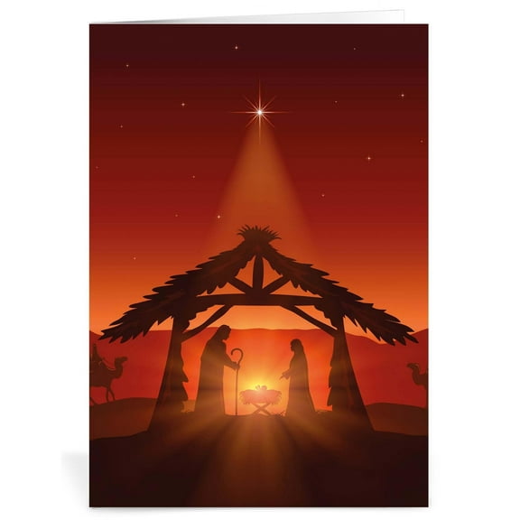 Religious Christmas Cards - Stable, pack of 20, 5x7in, Printed in England, with Envelopes and Bible Verse Inside, by Just Cards Direct