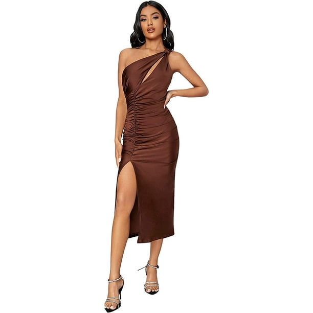 Vestido midi entallado con abertura de un hombro para mujer, con corte fruncido, sin mangas, con abertura Marrón café XL Marrón café XL Xishao ropa