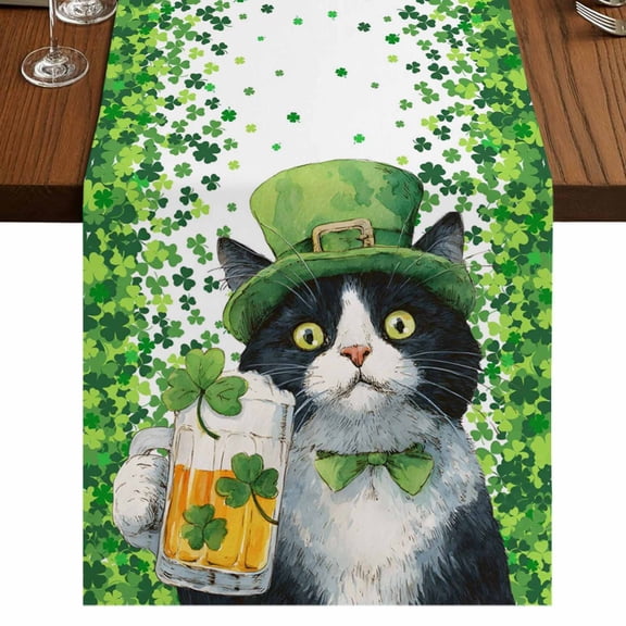 Table Runners 36 Inches Long Dress Scarves, St. Patrick's Day Farmhouse Kitchen Table Runner, Short Coffee Tablerunners, Spring Cute Cat Beer Green Clovers 13x36 Inch