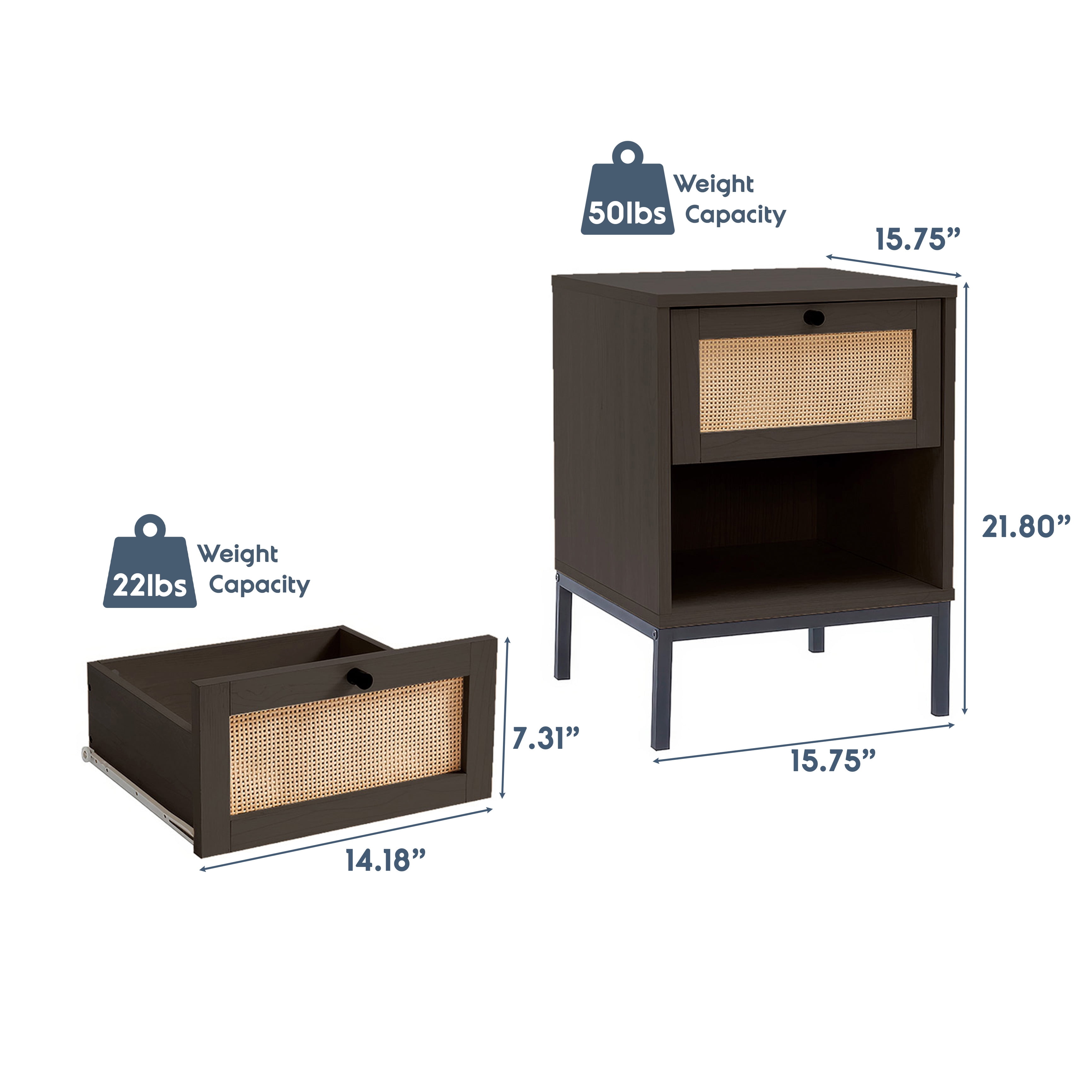 Virtu Nightstand Set of 2, Side Table with 1 Drawer, End Table for Living Room or Bedroom, Black