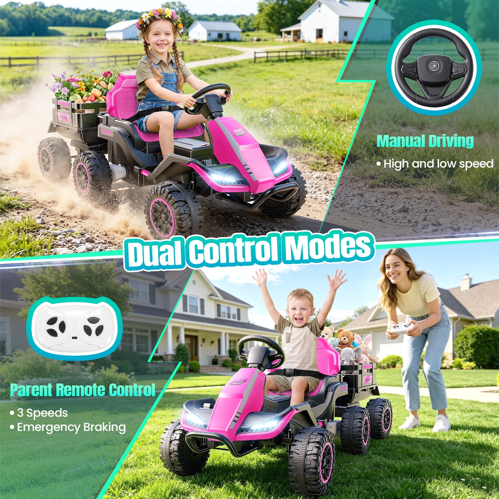 VIBESPARK 24V Ride on Toys with Remote Control, 3 in 1 Ride on Car, Ride on Tractor for Kids with Trailer, 6 Wheel Kids Electric Car w/ Bluetooth, MP3, Music, Pink