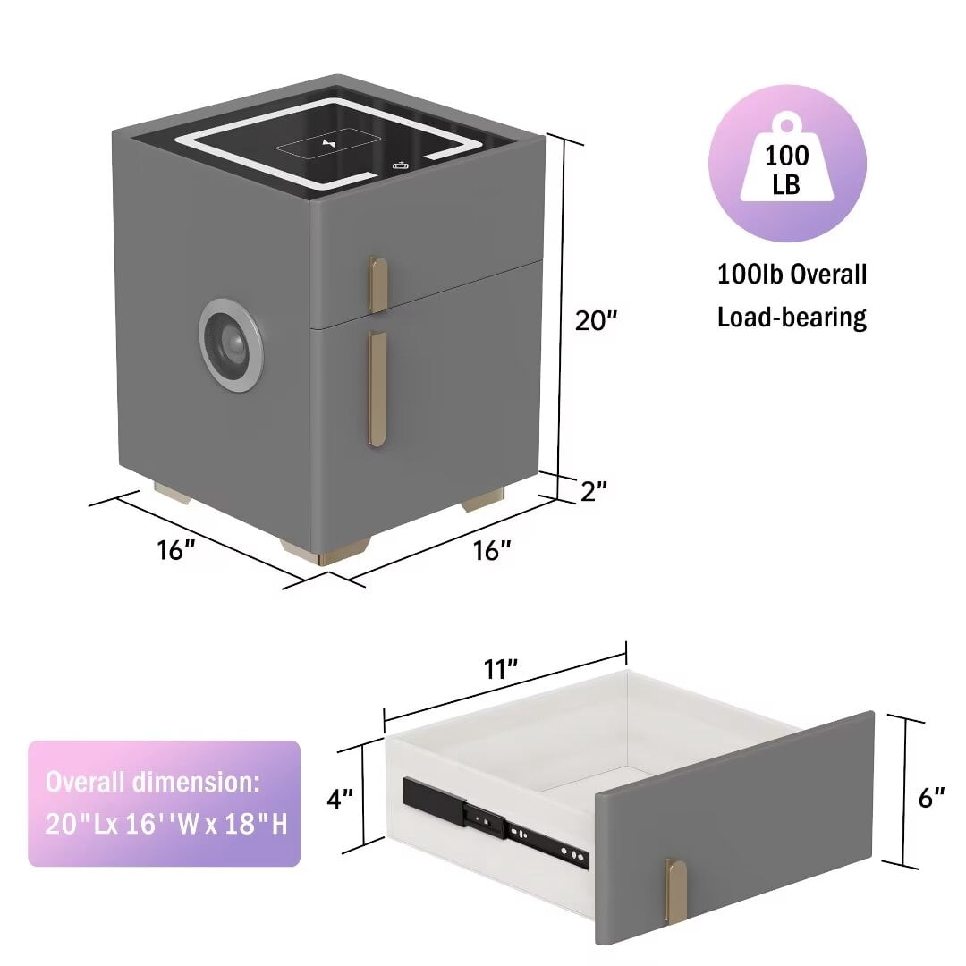 FINE MAKER Smart Nightstand Two Drawer Bedroom Nightstand with Wireless Charging Three Color LED Lighted Nightstand with USB Charging with Hidden Safe