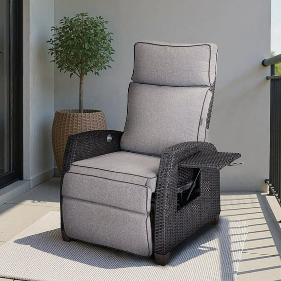 EVERITE Wicker Outdoor Lounge Adjustable and Extended Footrest Recliner with Flip Side Table, Dark Gray