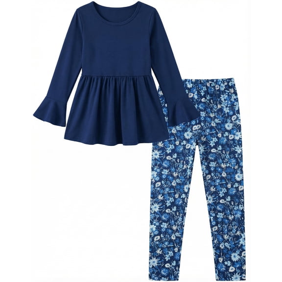 Arshiner Girls 2 Piece Clothing Set Floral Ruffle Hem Bell Sleeve Top and Leggings Fall Winter Outfits