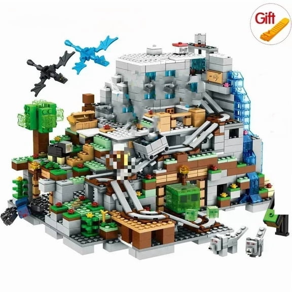 The Mountain Cave MinecraftINGlys Building Blocks with Figures 1208 Bricks with Elevator Educational Toy Christmas Gift