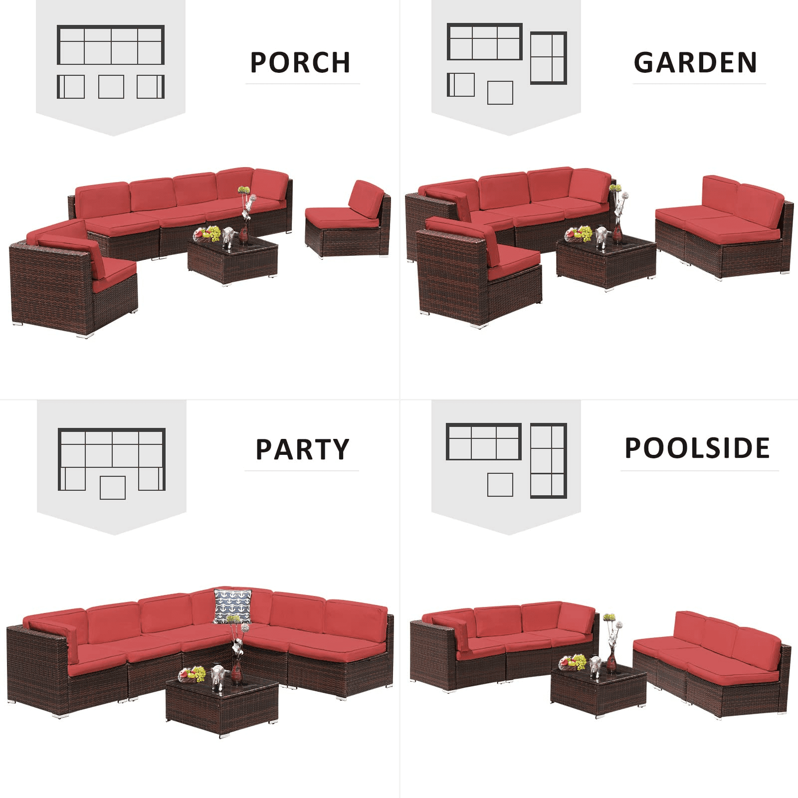 Amopatio 7 Pieces Patio Conversation Set, Outdoor Sectional PE Rattan Wicker Furniture Seat,Red