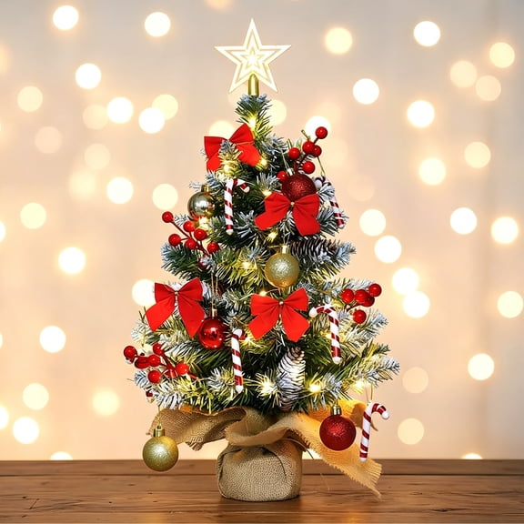 18 Inch Mini Artificial Christmas Tree with Lights, Small Tabletop Xmas Tree with Battery Operated String Lights, Red Bows Ornaments and Pine Cones for Home Office Party Holiday Decor