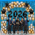 thumbnail image 2 of PMU 12 Pc Set Graduation Decorations | Number Balloons 2026 Black with Teal Curtain Backdrop and Star Mylar | 2026 Graduation Party Decorations | Party Supplies, 2 of 6