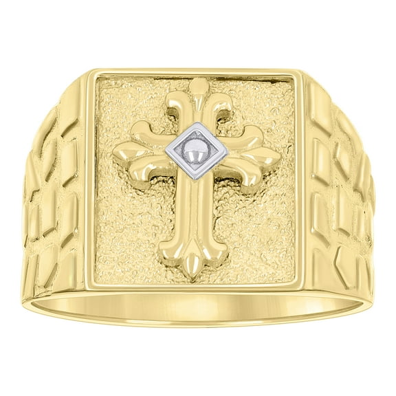 10k Two-tone Gold Mens Cross Religious Square Head Nugget Ring