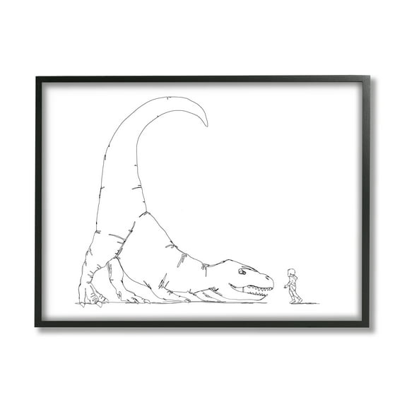 Stupell Industries Dinosaur T-Rex and Boy Line Drawing Minimal Animals & Insects Painting Black Framed Art Print Wall Art, 11 x 14